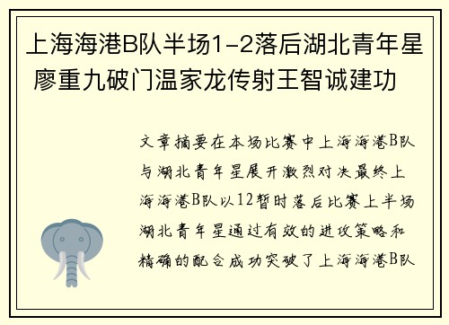 上海海港B队半场1-2落后湖北青年星 廖重九破门温家龙传射王智诚建功