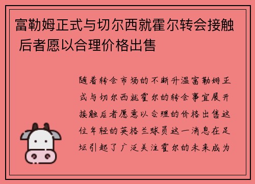 富勒姆正式与切尔西就霍尔转会接触 后者愿以合理价格出售