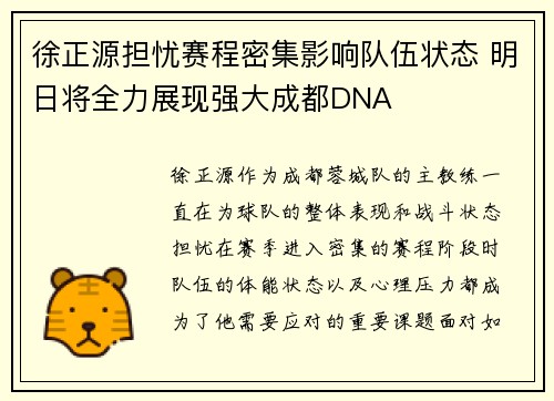 徐正源担忧赛程密集影响队伍状态 明日将全力展现强大成都DNA