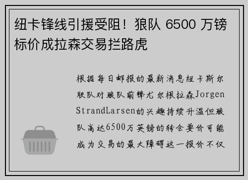 纽卡锋线引援受阻！狼队 6500 万镑标价成拉森交易拦路虎