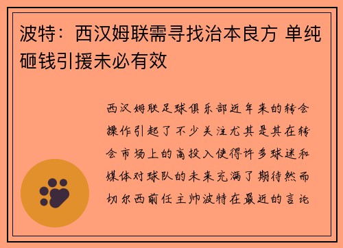 波特：西汉姆联需寻找治本良方 单纯砸钱引援未必有效