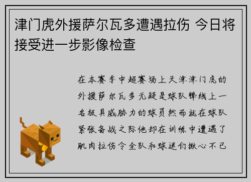 津门虎外援萨尔瓦多遭遇拉伤 今日将接受进一步影像检查