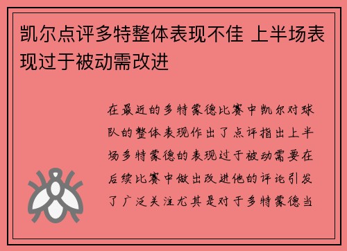 凯尔点评多特整体表现不佳 上半场表现过于被动需改进 凯尔点评多特整体表现不佳 上半场表现过于被动需改进